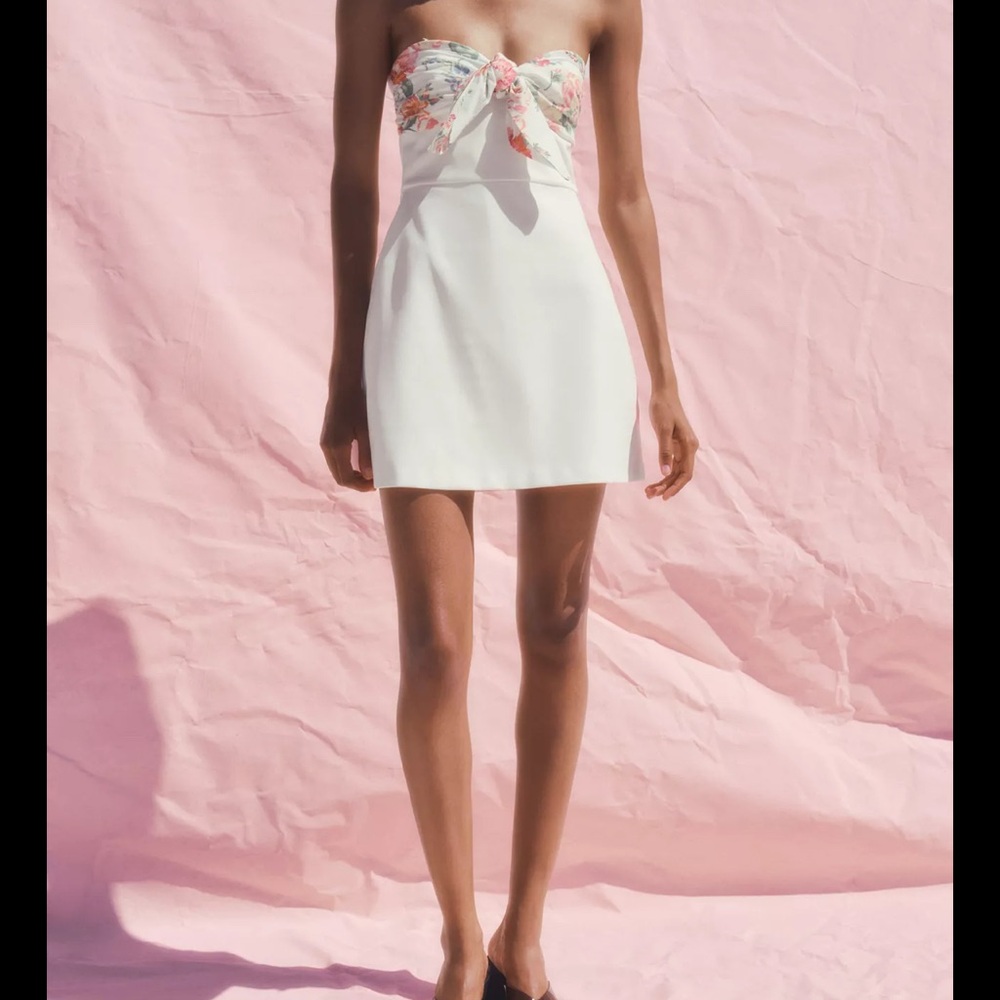 Zara Strapless White Dress with floral tie accent